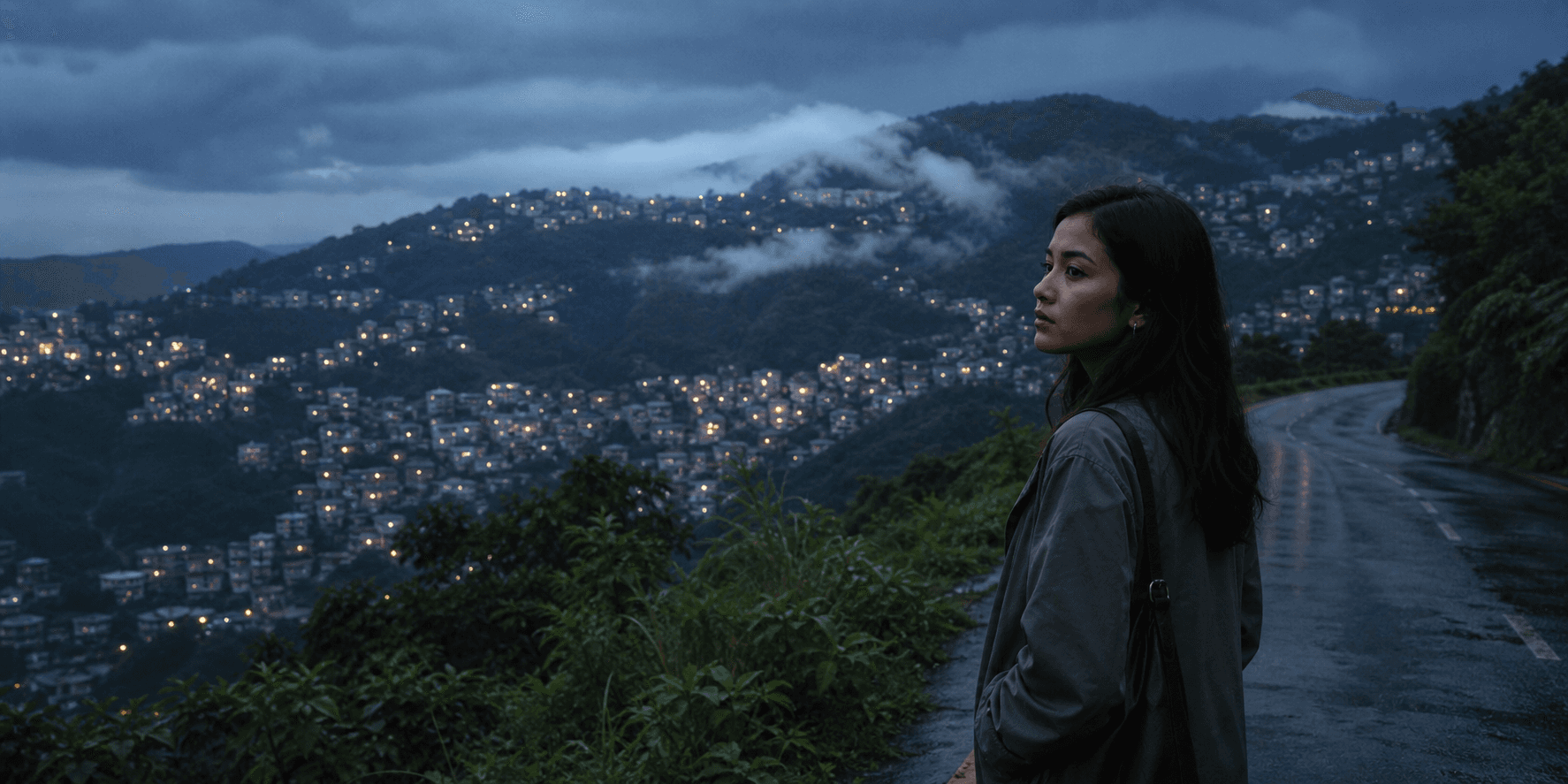 A woman overlooking Aizawl at blue hour